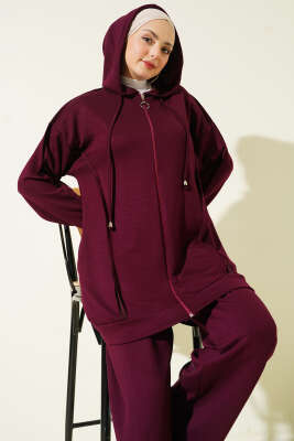 Kendinden Şeritli Kapüşonlu Loyşa İkili Takım Bordo - İkili Takım
