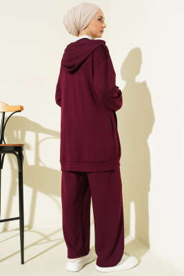 Kendinden Şeritli Kapüşonlu Loyşa İkili Takım Bordo - İkili Takım