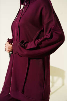 Kendinden Şeritli Kapüşonlu Loyşa İkili Takım Bordo - İkili Takım