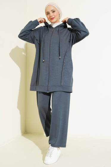 Kendinden Şeritli Kapüşonlu Loyşa İkili Takım Füme - İkili Takım