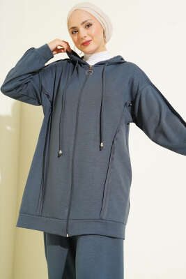 Kendinden Şeritli Kapüşonlu Loyşa İkili Takım Füme - İkili Takım