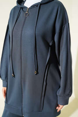 Kendinden Şeritli Kapüşonlu Loyşa İkili Takım Füme - İkili Takım