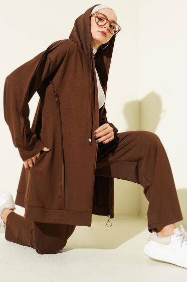 Kendinden Şeritli Kapüşonlu Loyşa İkili Takım Kahve - İkili Takım