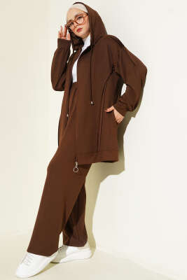 Kendinden Şeritli Kapüşonlu Loyşa İkili Takım Kahve - İkili Takım