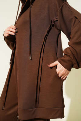 Kendinden Şeritli Kapüşonlu Loyşa İkili Takım Kahve - İkili Takım