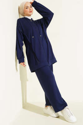 Kendinden Şeritli Kapüşonlu Loyşa İkili Takım Lacivert - NESSİA