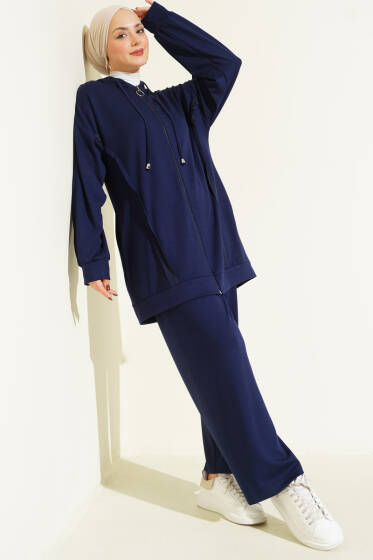 Kendinden Şeritli Kapüşonlu Loyşa İkili Takım Lacivert - İkili Takım