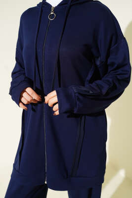 Kendinden Şeritli Kapüşonlu Loyşa İkili Takım Lacivert - İkili Takım