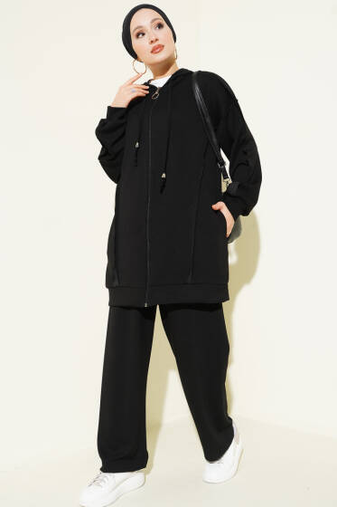 Kendinden Şeritli Kapüşonlu Loyşa İkili Takım Siyah - İkili Takım