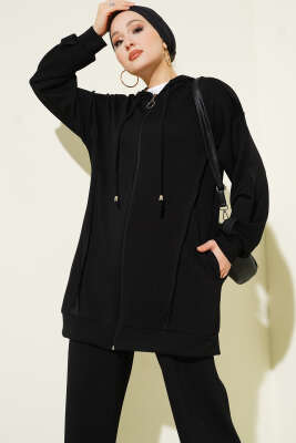 Kendinden Şeritli Kapüşonlu Loyşa İkili Takım Siyah - İkili Takım