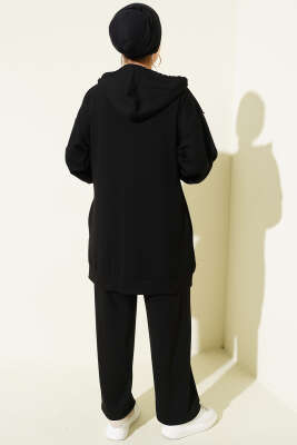 Kendinden Şeritli Kapüşonlu Loyşa İkili Takım Siyah - İkili Takım