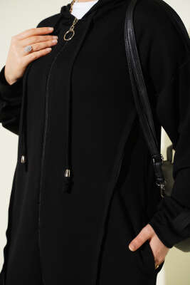 Kendinden Şeritli Kapüşonlu Loyşa İkili Takım Siyah - İkili Takım