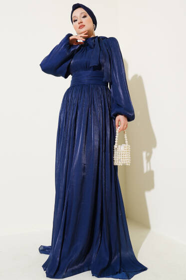 Kendinden Yaka Kuşaklı Abiye Elbise Lacivert - Elbise