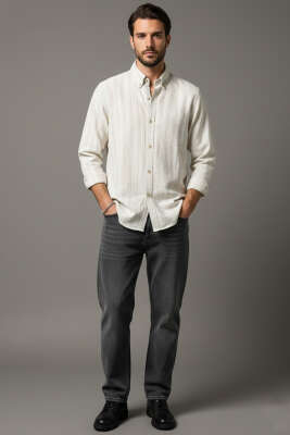 Kesik Çizgili Erkek Keten Gömlek Gri - Erkek Gömlek