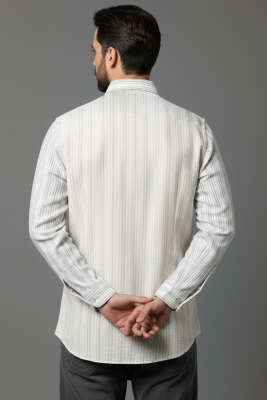 Kesik Çizgili Erkek Keten Gömlek Gri - Erkek Gömlek