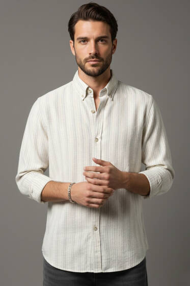 Kesik Çizgili Erkek Keten Gömlek Gri - Erkek Gömlek