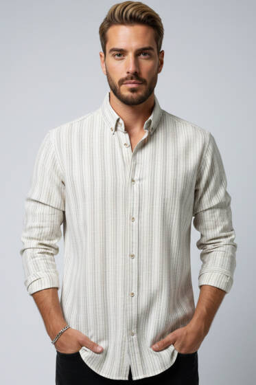 Kesik Çizgili Erkek Keten Gömlek Kahve - Erkek Gömlek