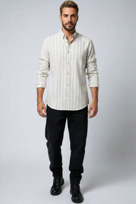 Kesik Çizgili Erkek Keten Gömlek Kahve - Erkek Gömlek