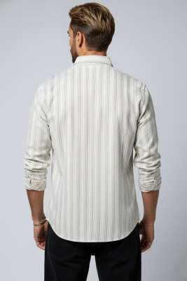 Kesik Çizgili Erkek Keten Gömlek Kahve - Erkek Gömlek