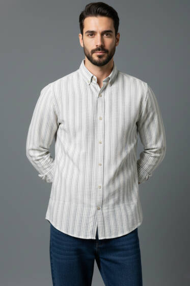 Kesik Çizgili Erkek Keten Gömlek Lacivert - Erkek Gömlek