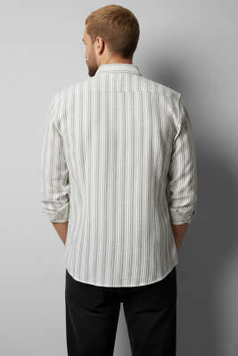 Kesik Çizgili Erkek Keten Gömlek Siyah - Erkek Gömlek