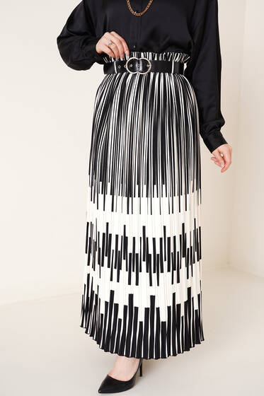 Kesik Çizgili Pileli Etek Siyah - Uzun Etek
