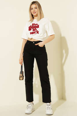 Kesik Dar Paça Düğmeli Kot Pantolon Siyah - Kadın Giyim Modelleri