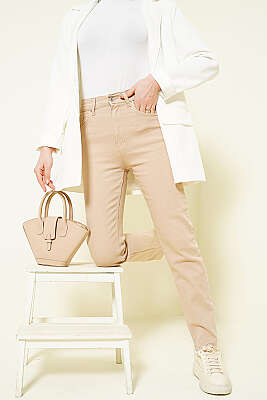 Kesik Dar Paça Likralı Kot Pantolon Bej - BLUE HİLL(ZER)