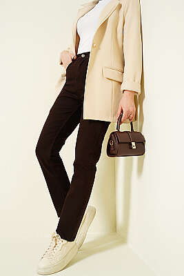 Kesik Dar Paça Likralı Kot Pantolon Kahve - BLUE HİLL(ZER)