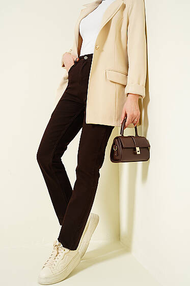 Kesik Dar Paça Likralı Kot Pantolon Kahve - Pantolon