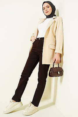 Kesik Dar Paça Likralı Kot Pantolon Kahve - Pantolon