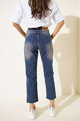 Kesik Dar Paça Taşlı Kot Pantolon Koyu Mavi - Kadın Giyim Modelleri