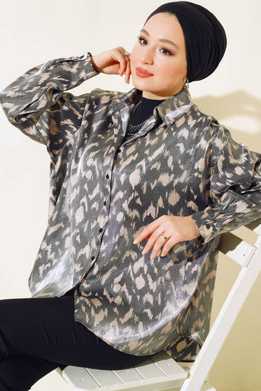 Kesik Desen Saten Gömlek Füme - Gömlek