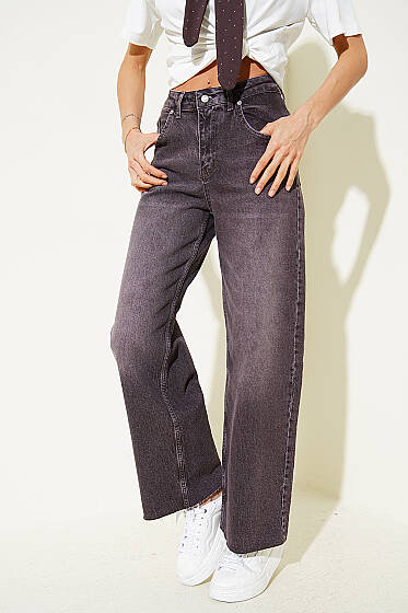 Kesik Geniş Paça Kot Pantolon Kahve - Kadın Giyim Modelleri