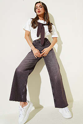 Kesik Geniş Paça Kot Pantolon Kahve - Kadın Giyim Modelleri