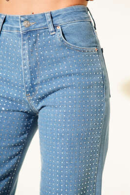 Kesik Geniş Paça Taşlı Kot Pantolon Açık Mavi - Kadın Giyim Modelleri