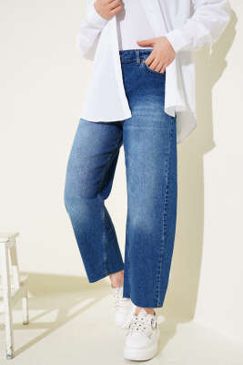Kesik Paça Baggy Fit Kot Pantolon Mavi - Pantolon