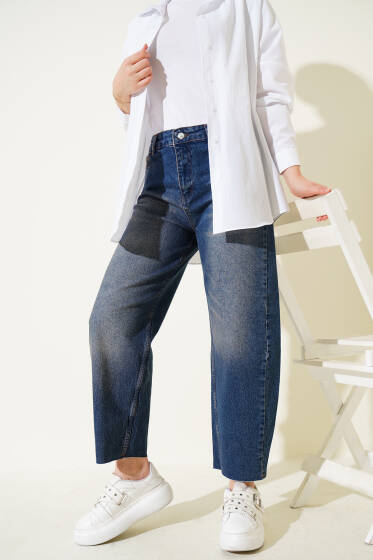 Kesik Paça Baggy Fit Kot Pantolon Tintli - Pantolon