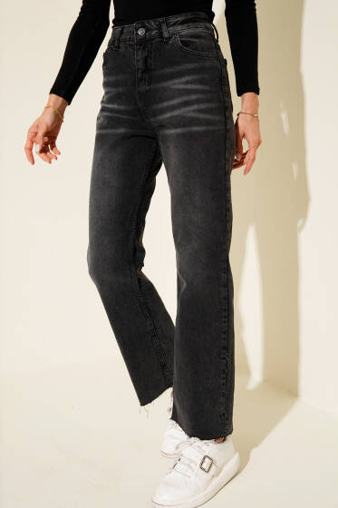 Kesik Paça Düğmeli Kot Pantolon Füme - Kadın Giyim Modelleri