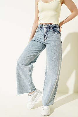 Kesik Paça Mini Taş Detaylı Palazzo Pantolon Açık Kar - ZARX JNS