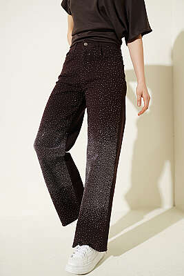 Kesik Paça Mini Taş Detaylı Palazzo Pantolon Kahve - ZARX JNS