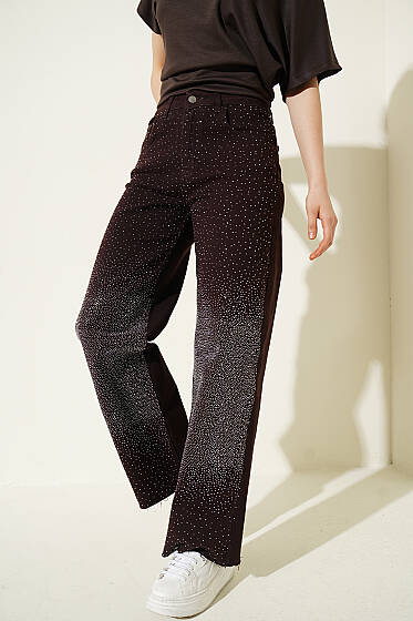 Kesik Paça Mini Taş Detaylı Palazzo Pantolon Kahve - Kadın Giyim Modelleri