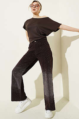 Kesik Paça Mini Taş Detaylı Palazzo Pantolon Kahve - Kadın Giyim Modelleri