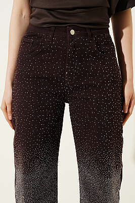 Kesik Paça Mini Taş Detaylı Palazzo Pantolon Kahve - Kadın Giyim Modelleri