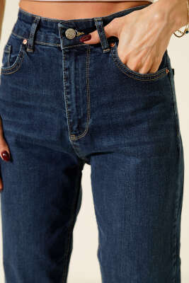 Kesik Paça Mom Jeans Pantolon Lacivert - Kadın Giyim Modelleri