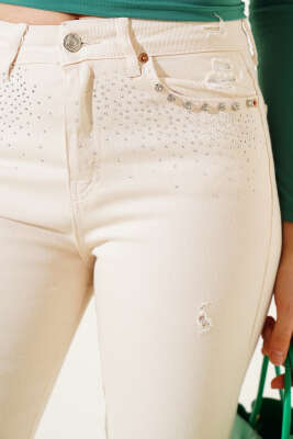 Kesik Paça Püskül Taşlı Kot Pantolon Bej - Kadın Giyim Modelleri