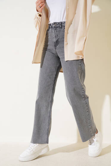 Kesik Paça Salaş Kot Pantolon Gri Kar - Pantolon