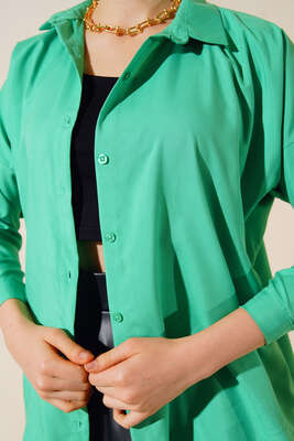 Keten Basic Gömlek Yeşil - Kadın Giyim Modelleri