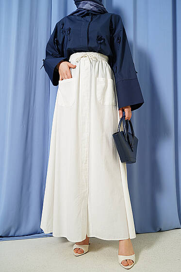 Keten Çift Cepli Etek Ekru - Etek