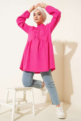 Keten Çift Fırfırlı Hakim Yaka Tunik Fusya - NEVA MODA